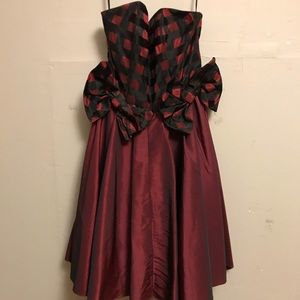 Red and black plaid 80s prom dress